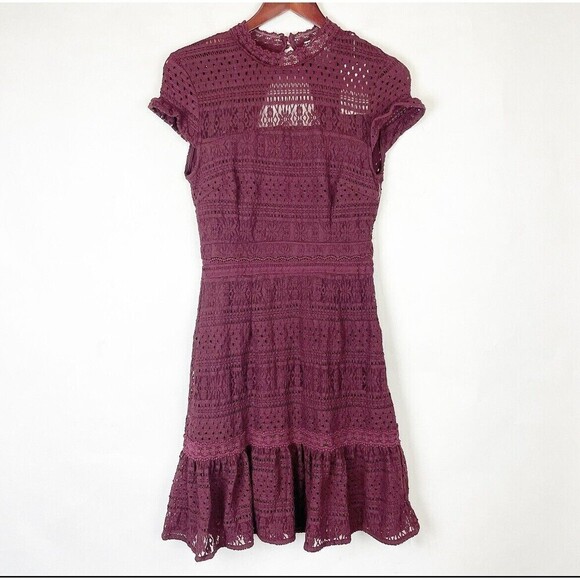 FOXIEDOX Burgundy Wine Lace Keyhole Back Stretch Ruffle Dress Women's Size S NEW - Picture 10 of 11